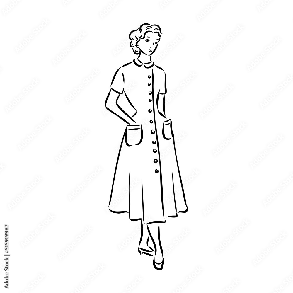 Black and white retro fashion model in sketch style. Hand drawn vector illustration