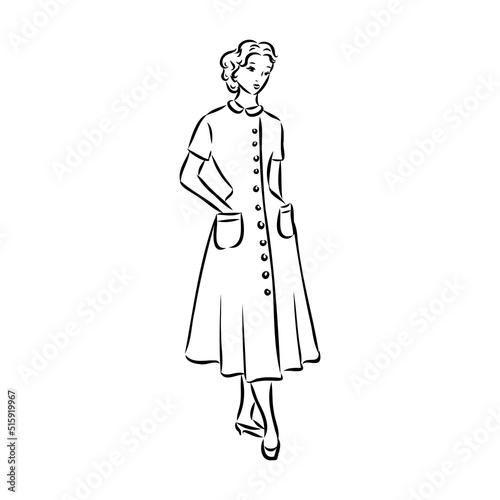 Black and white retro fashion model in sketch style. Hand drawn vector illustration