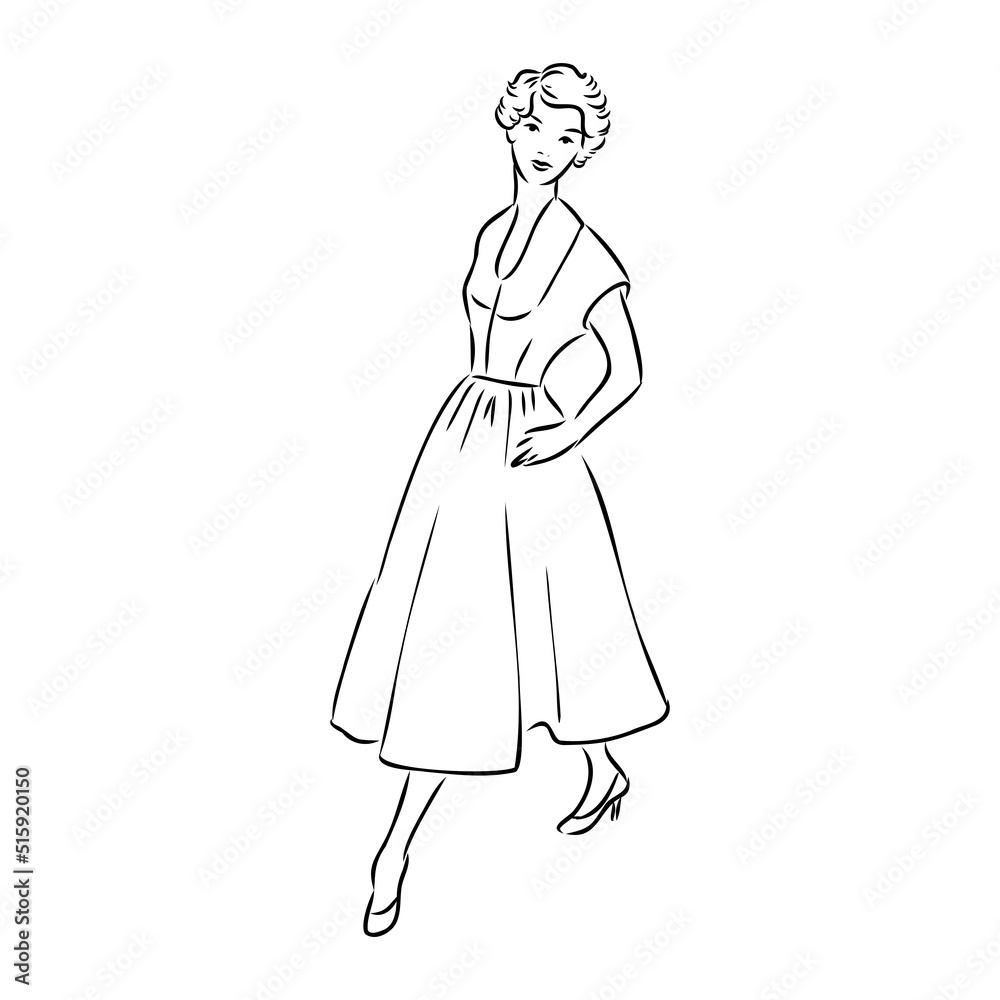 Black and white retro fashion model in sketch style. Hand drawn vector illustration Black and white retro fashion model in sketch style. Hand drawn vector illustration