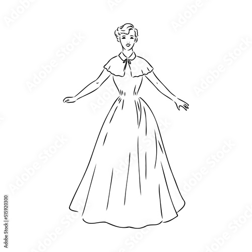 Black and white retro fashion model in sketch style. Hand drawn vector illustration