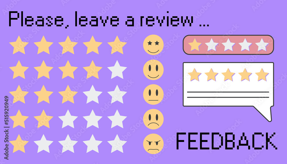 Leave a review with five stars. Feedback bubble with rate. User experience ranking or opinion survay to mark the progress