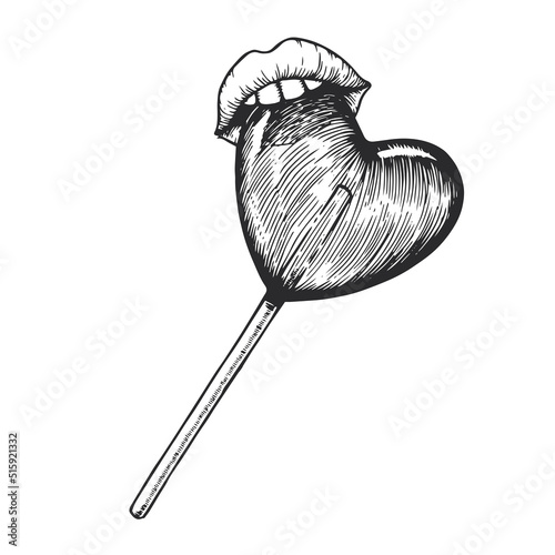 Vector hand drawn illustration of lollipop with lips isolated on white. Sketch of mouth biting candy heart on stick in engraving style.