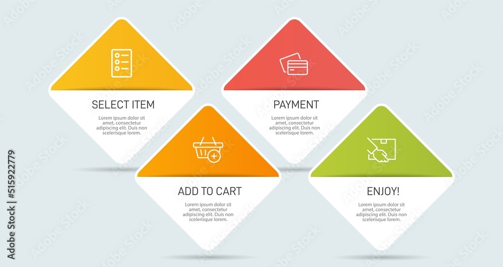 Concept of shopping process with 4 successive steps. Four colorful graphic elements. Timeline design for brochure, presentation, web site. Infographic design layout.