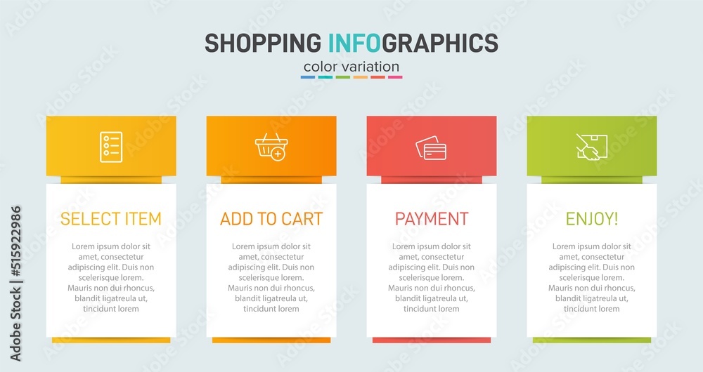 Concept of shopping process with 4 successive steps. Four colorful graphic elements. Timeline design for brochure, presentation, web site. Infographic design layout. Concept of shopping process with 4 successive steps. Four colorful graphic elements. Timeline design for brochure, presentation, web site. Infographic design layout.