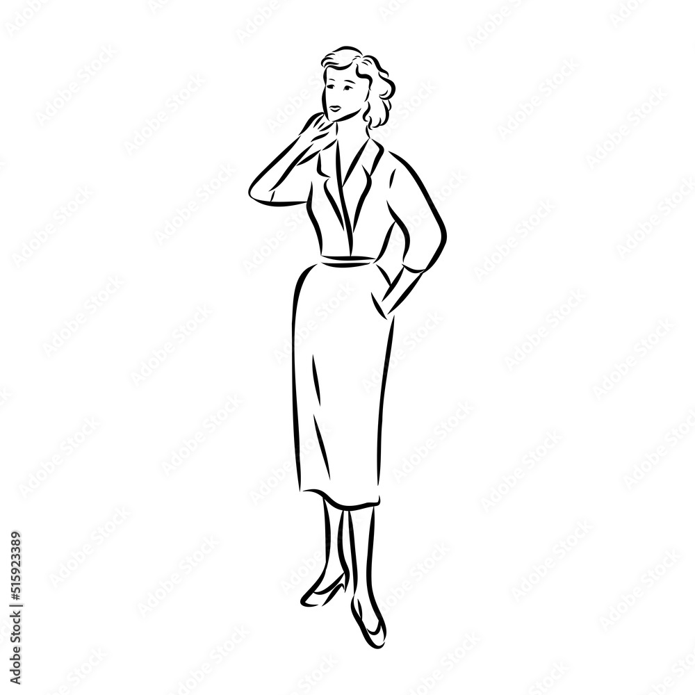 Black and white retro fashion model in sketch style. Hand drawn vector illustration Black and white retro fashion model in sketch style. Hand drawn vector illustration