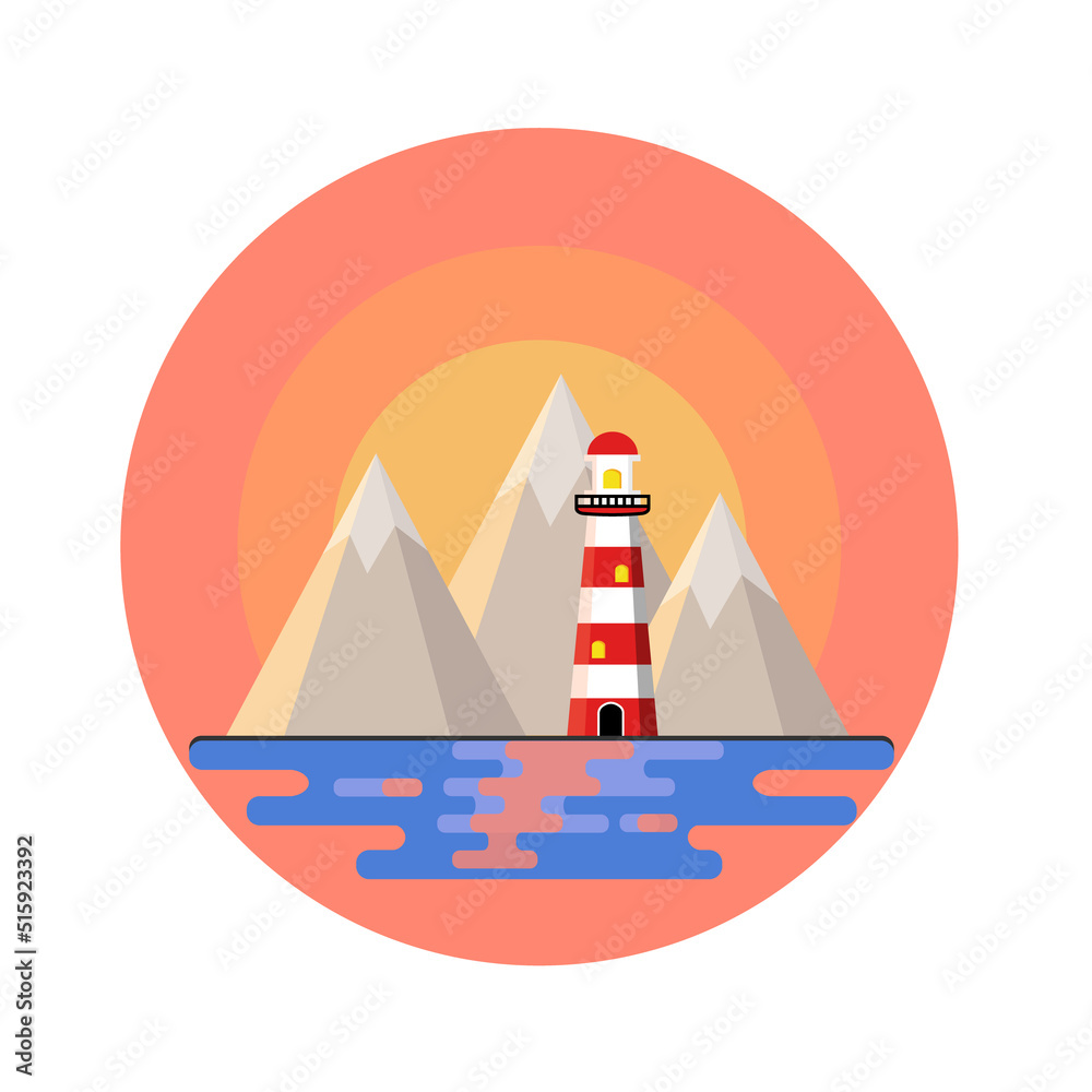 Lighthouse by sea. High red-white building on mountain and beautiful landscape. Romantic place by water. sunset view. Summer season. Marine navigation in circle logo. Cartoon flat illustration Lighthouse by sea. High red-white building on mountain and beautiful landscape. Romantic place by water. sunset view. Summer season. Marine navigation in circle logo. Cartoon flat illustration