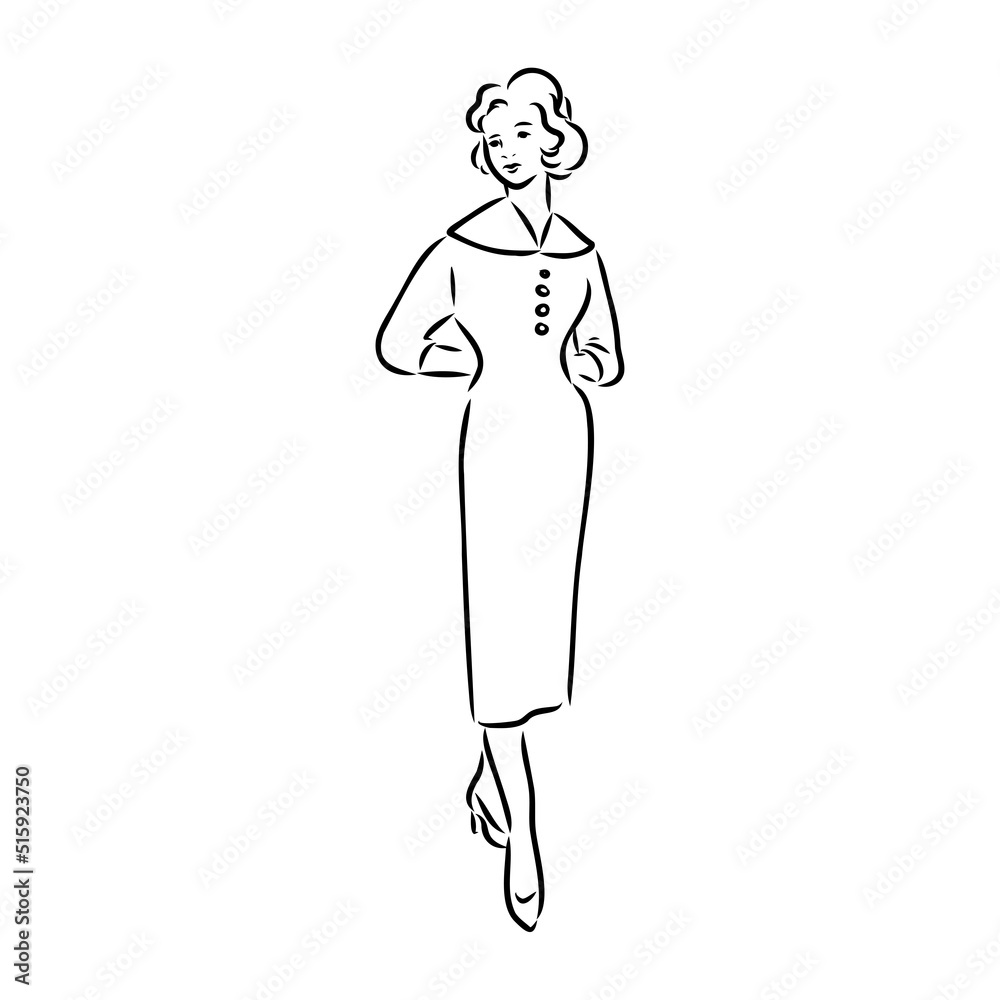 Black and white retro fashion model in sketch style. Hand drawn vector illustration Black and white retro fashion model in sketch style. Hand drawn vector illustration