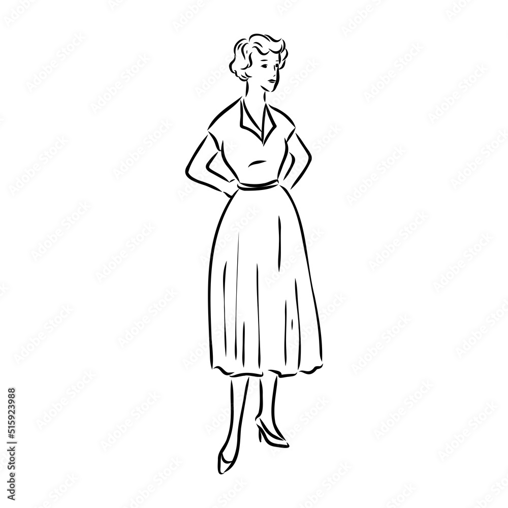 Black and white retro fashion model in sketch style. Hand drawn vector illustration Black and white retro fashion model in sketch style. Hand drawn vector illustration