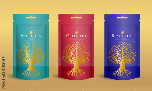 Tea packaging design with zip pouch bag mockup. Vector ornament template. Elegant, classic elements. Great for food, drink and other package types. Can be used for background and wallpaper. 