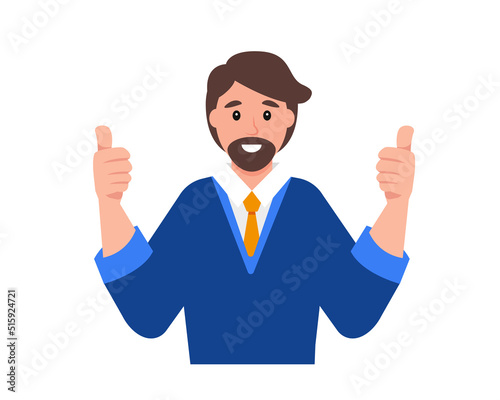 Young happy man shows thumb up. Gesture cool. Smiling man cartoon character. Successful businessman. Vector illustration gesture language concept.