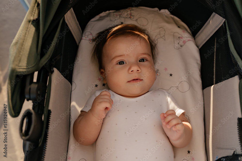 close up portrait of lovely cute little boy in baby carriage posing at camera. Portrait of smiling happy beautiful little kid outdoors on summer day