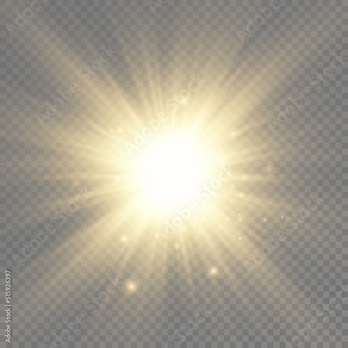 Glow bright light star, yellow sun rays, sunshine.