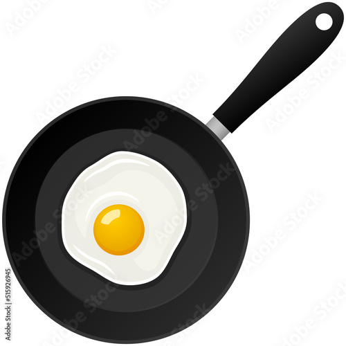 Vector illustration of a frying pan and a fried egg, sunny side up.