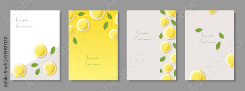Set of 4 cards with fresh lemon slices. Flyers with citrus fruits in a minimalist style. Creative layouts with lemons and leaves. Vitamin C. Top view.Copy space.Stock vector illustration in flat style