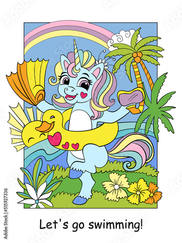 Cute unicorn in an inflatable circle with fins color illustration © alinart