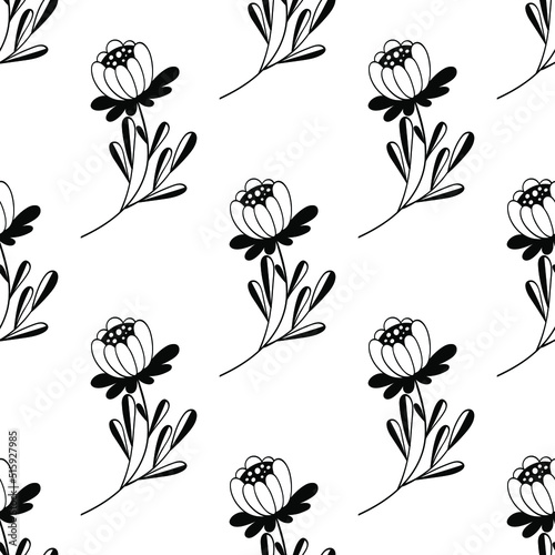 Seamless monochrome floral pattern. Black abstract flowers. Botanical ink illustration with floral motif. . Hand-drawn black print for fabric, wrapping paper, wallpaper or any prints. 