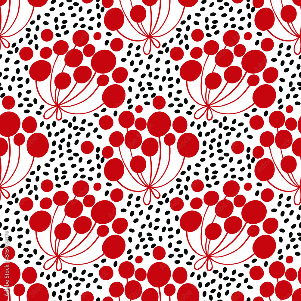Red berry and black dots. Floral seamless pattern.