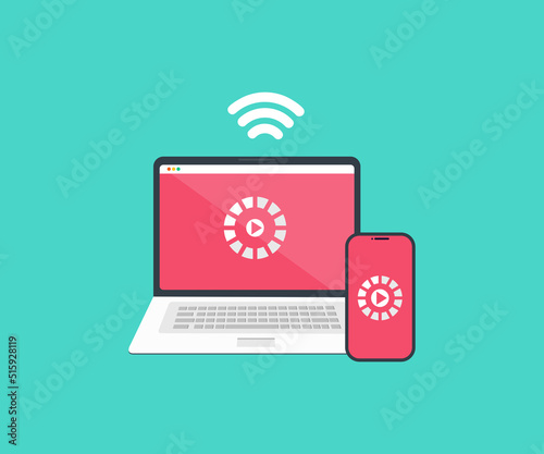 Laptop to cell phone streaming video movie service or mobile cellphone smartphone screen logo design. Transmission and broadcast smart technology vector design and illustration.