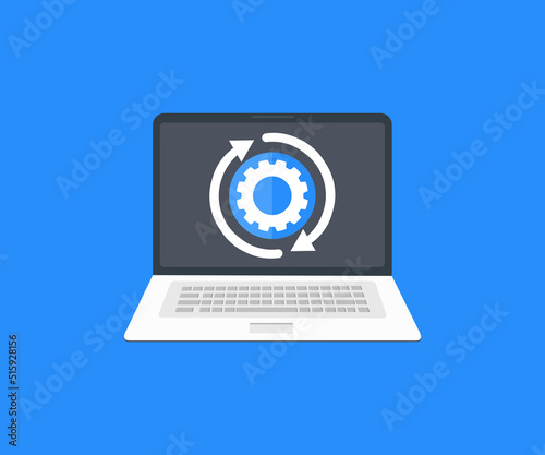 Business, Technology, Internet and network concept logo design. Laptop installing change or hardware customization executing maintenance, repairing gear on screen vector design and illustration.