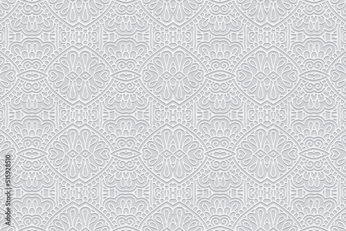 Embossed light background, ethnic cover design. Geometric trendy openwork 3D pattern. Tribal ornaments based on East, Asia, India, Mexico, Aztecs, Peru for design and decor. 