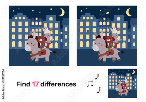 Find differences. Educational game with Bremen town musicians characters. Kawaii cartoon animals. Classical fairy tale. Puzzle for kids. Vector illustration.