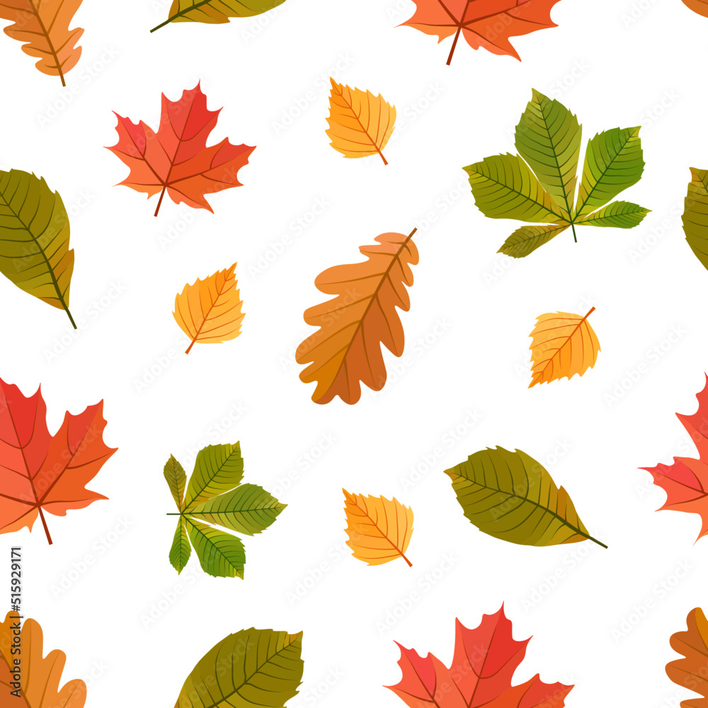 Autumn leaves on white background seamless pattern in cartoon style. Yellow, red, yellow, green leaves. Fall leaf. Autumn background. Harvest, Thanksgiving, Halloween Autumn leaves on white background seamless pattern in cartoon style. Yellow, red, yellow, green leaves. Fall leaf. Autumn background. Harvest, Thanksgiving, Halloween