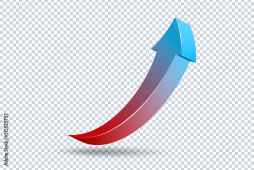 Growing red blue arrow up. Growth chart sign. Flexible arrow indication statistics. Curve trend arrow on transparent. Stock news impulses. Trading infographics. Realistic 3d vector design