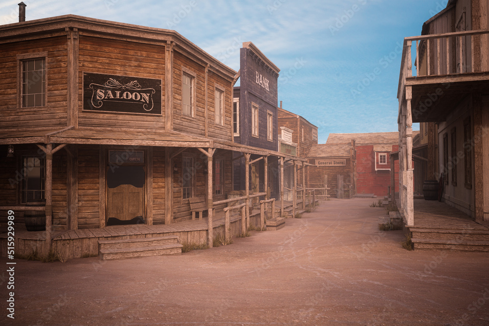 Empty dirt street in an old western town with various wooden buildings. 3D illustration. - obrazy, fototapety, plakaty 