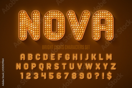 Retro show alphabet design, cabaret, LED lamps letters and numbers