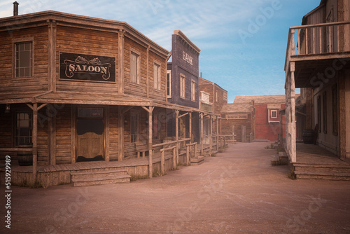 Empty dirt street in an old western town with various wooden buildings. 3D illustration.