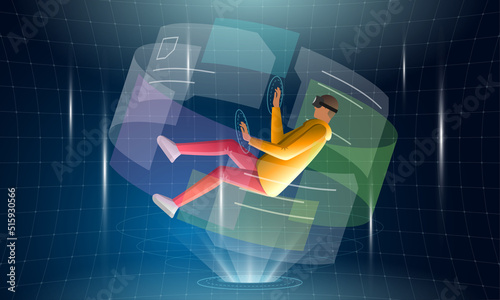 Guy with VR helmet connecting to futuristic technology metaverse virtual reality and surrounded with future interface 3d hologram big data. Young man controls with meta cyber space headset. Vector eps