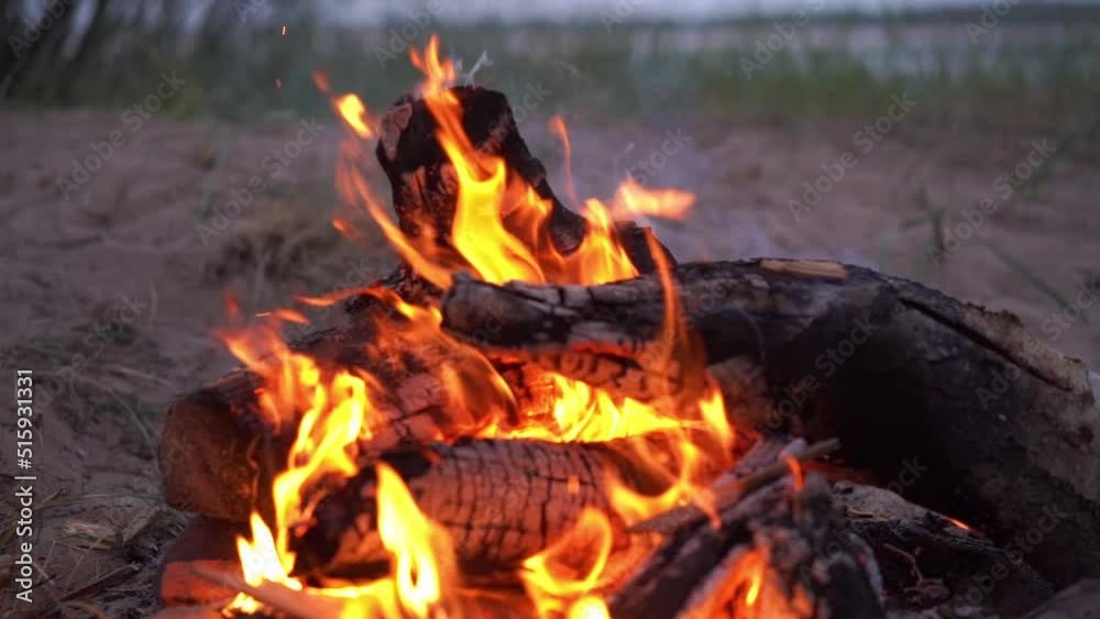 Wood Burning On Fire. Red Fire sparks are flying up. Burning glowing particles. Slow motion shot Wood Burning On Fire. Red Fire sparks are flying up. Burning glowing particles. Slow motion shot