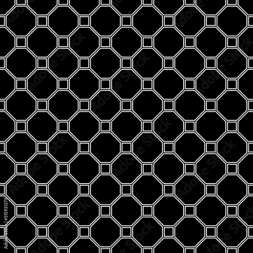 Repeated black figures on white background. Geometric wallpaper. Seamless surface pattern design with regular octagons and squares. Diamonds motif. Digital paper for textile print. Vector art