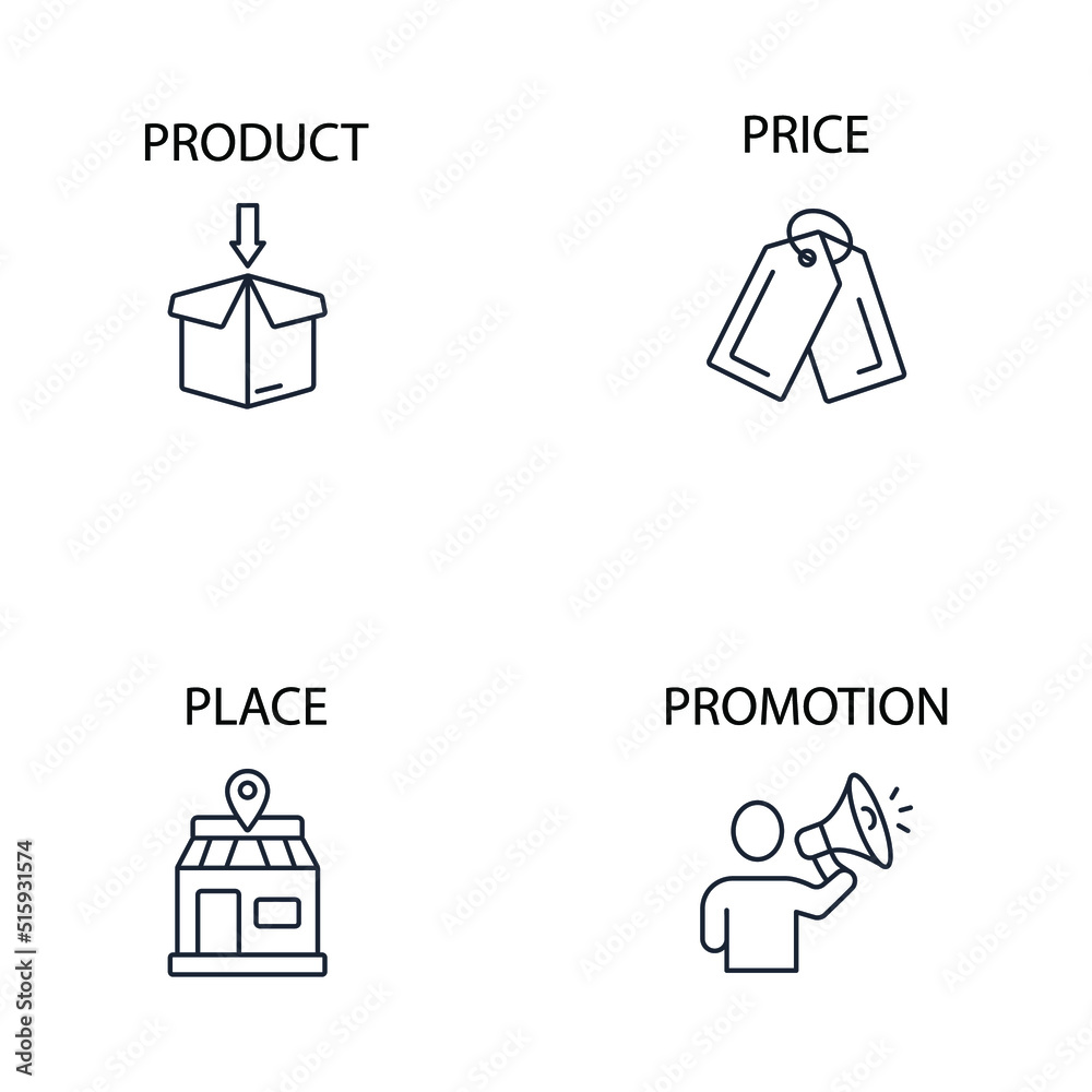 4P marketing mix model icons set . 4P marketing mix model pack symbol vector elements for infographic web 4P marketing mix model icons set . 4P marketing mix model pack symbol vector elements for infographic web