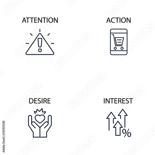 aida acronym of attention interest desire action business word with icons set . aida acronym of attention interest desire action business word with pack symbol vector elements for infographic web
