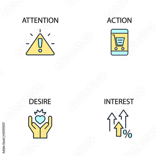 aida acronym of attention interest desire action business word with icons set . aida acronym of attention interest desire action business word with pack symbol vector elements for infographic web