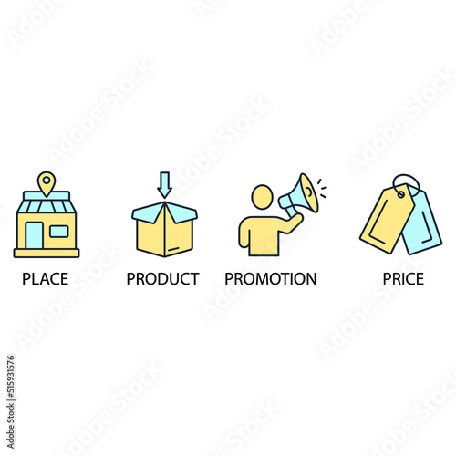4P marketing mix model icons set . 4P marketing mix model pack symbol vector elements for infographic web