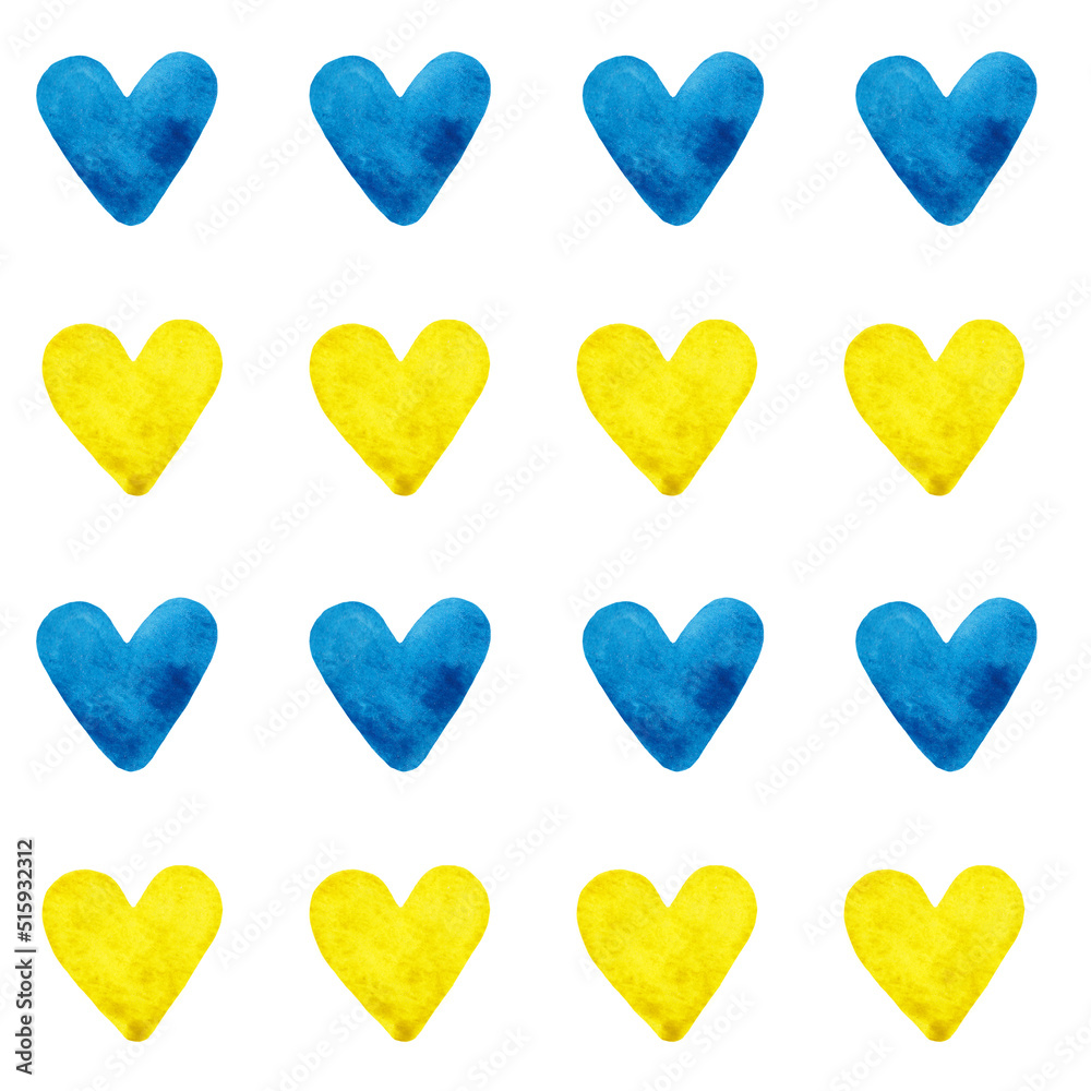 Watercolor background with hearts in Ukrainian flag colors. Illustration in blue and yellow. Seamless pattern for decor, design. Wishing support, love and peace. 