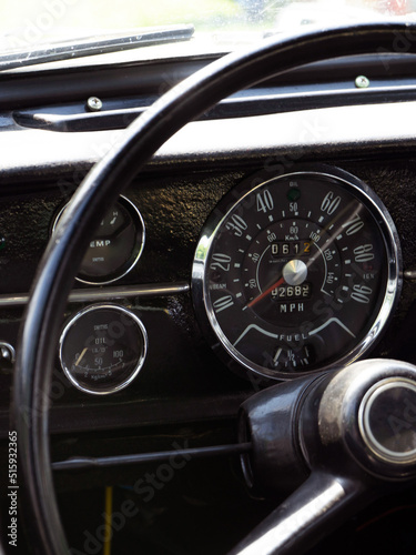 retro car dashboard interior. View of the steering wheel and dashboard of an old vintag car © Pavel