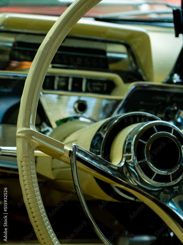retro car dashboard interior. View of the steering wheel and dashboard of an old vintag car retro car dashboard interior. View of the steering wheel and dashboard of an old vintag car