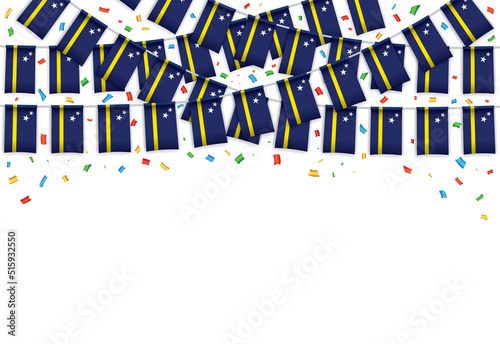 Curacao flag garland white background with confetti, Hang bunting for Curacao independence day celebration template banner, Vector illustration