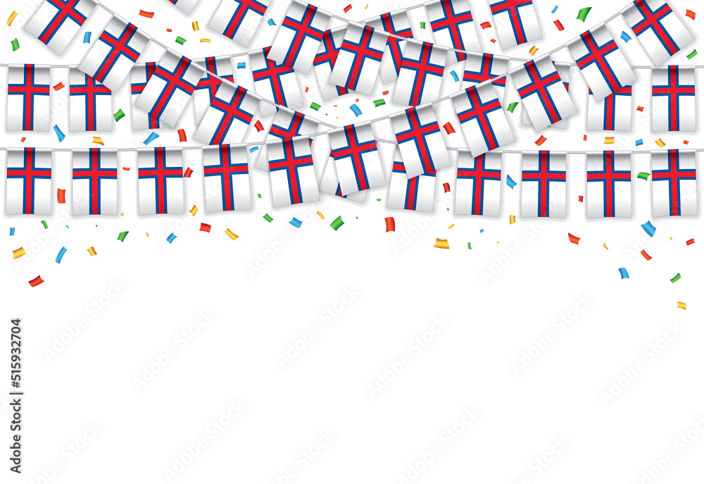 Faeroe Islands flag garland white background with confetti, Hang bunting for independence Day celebration template banner, Vector illustration