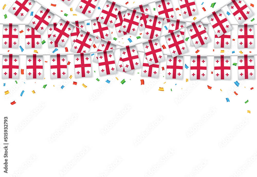 Georgia flags garland white background with confetti, Hanging bunting for Georgian independence Day celebration template banner, Vector illustration