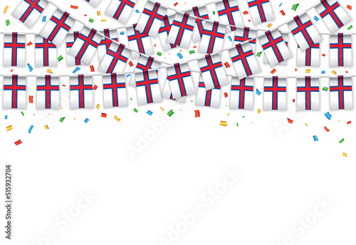 Faeroe Islands flag garland white background with confetti, Hang bunting for independence Day celebration template banner, Vector illustration photo