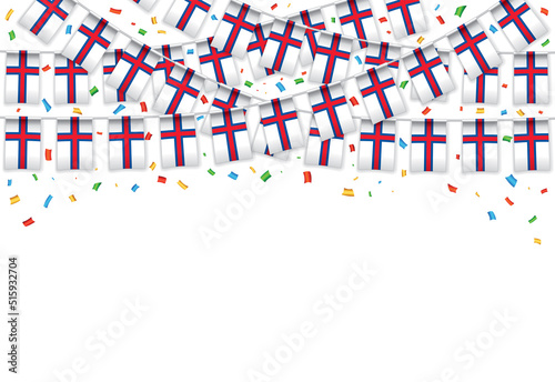 Faeroe Islands flag garland white background with confetti, Hang bunting for independence Day celebration template banner, Vector illustration