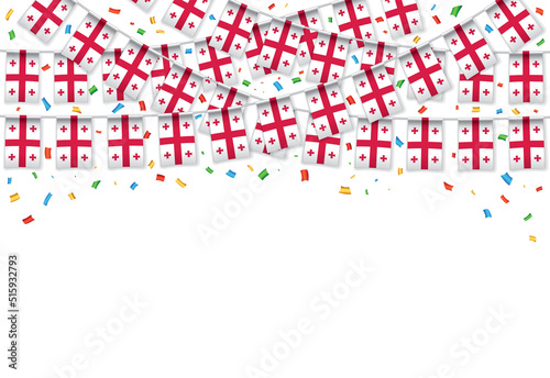 Georgia flags garland white background with confetti, Hanging bunting for Georgian independence Day celebration template banner, Vector illustration