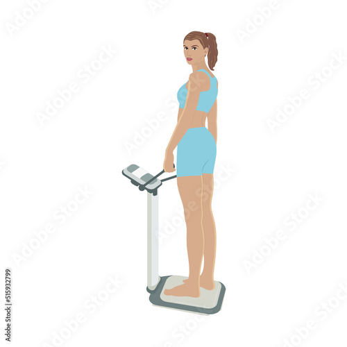 Sporty woman with scales.Young woman measures body weight on scales.Dressed blue shorts.Body weight care.Take care of your health.