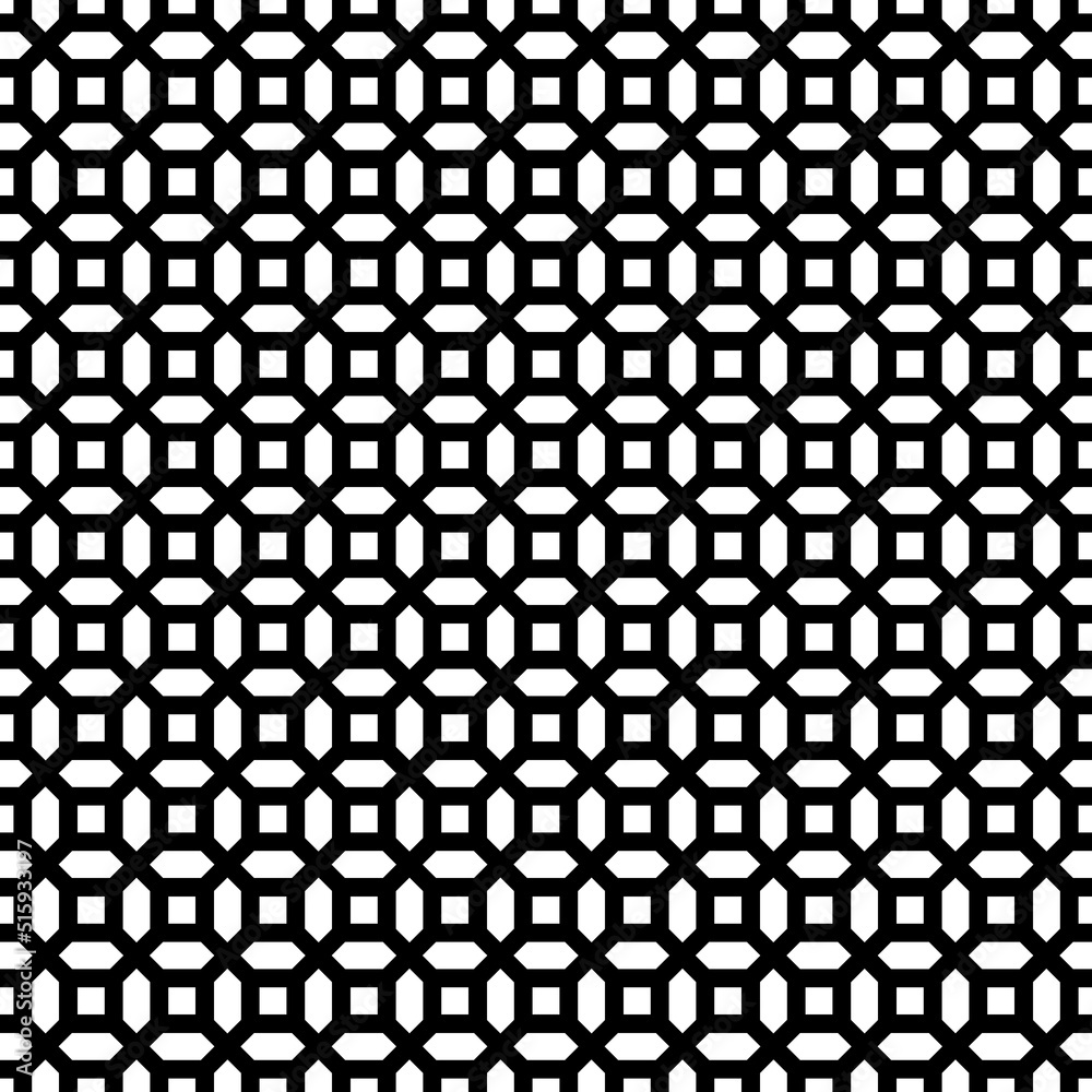 Repeated white figures on black background. Geometric wallpaper. Seamless surface pattern design with convex hexagons and regular squares. Tiles motif. Digital paper for textile print. Vector art. Repeated white figures on black background. Geometric wallpaper. Seamless surface pattern design with convex hexagons and regular squares. Tiles motif. Digital paper for textile print. Vector art.