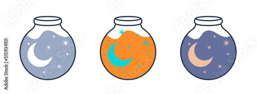 A linear bottle with a magic potion, a magic illustration, a liquid for celebrating Halloween, ingredients. Vector set of glass jars in linear style