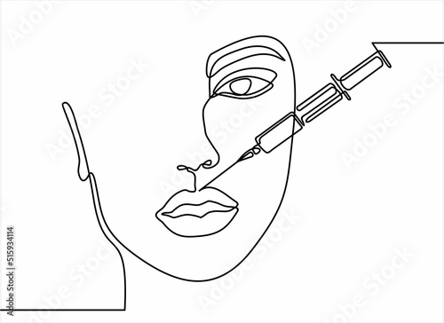 Continuous line beauty surgery concept. One line female portrait. One line syringe, lip filters